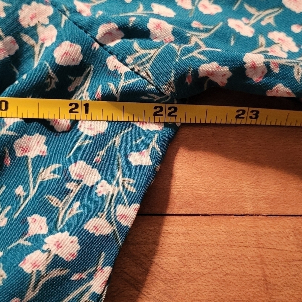 Ditsy Floral Drawstring Ruched Pocket Ruffle Tiered Teal Dress - Picture 10 of 10